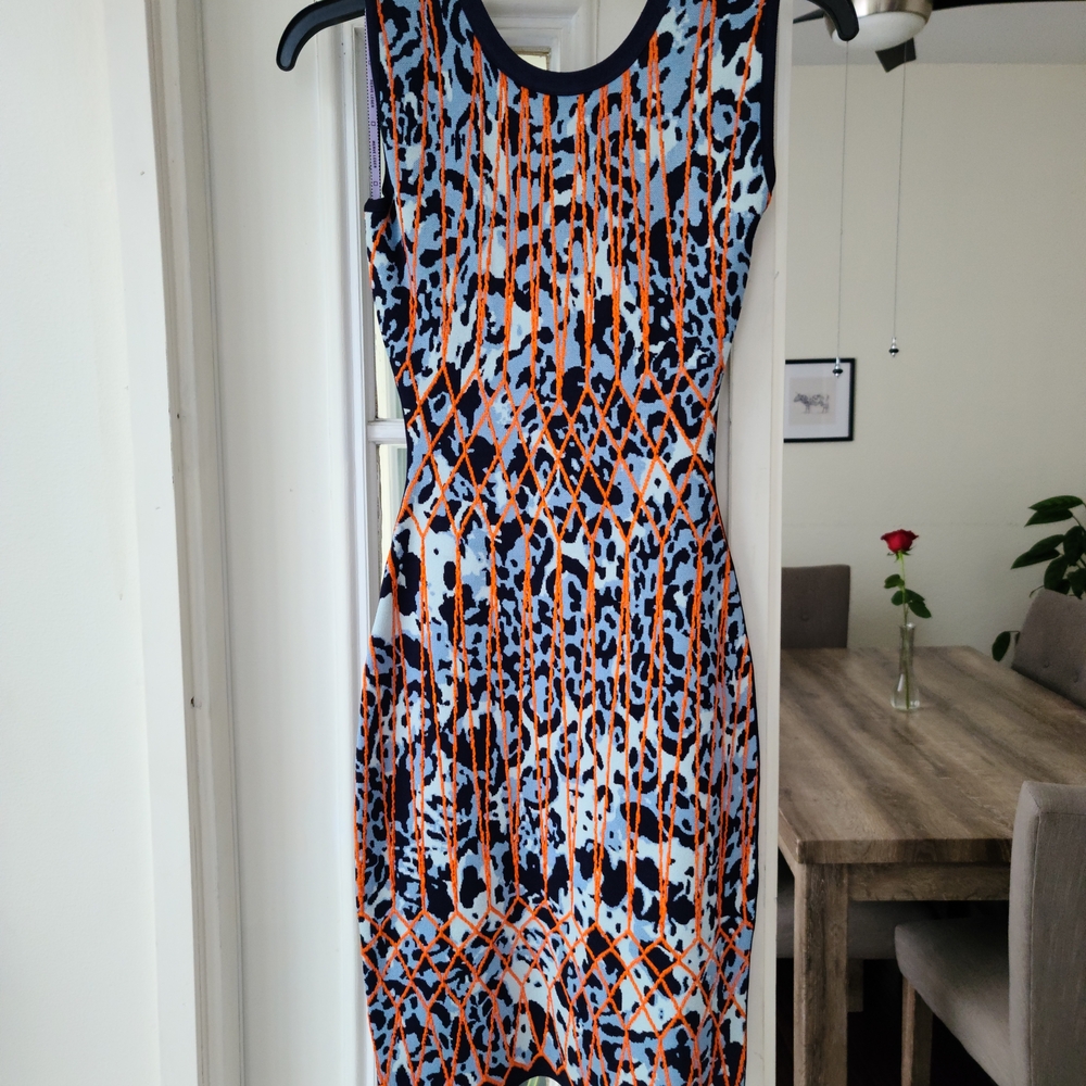 Herve Leger Blue and Orange Patterned Midi Dress
